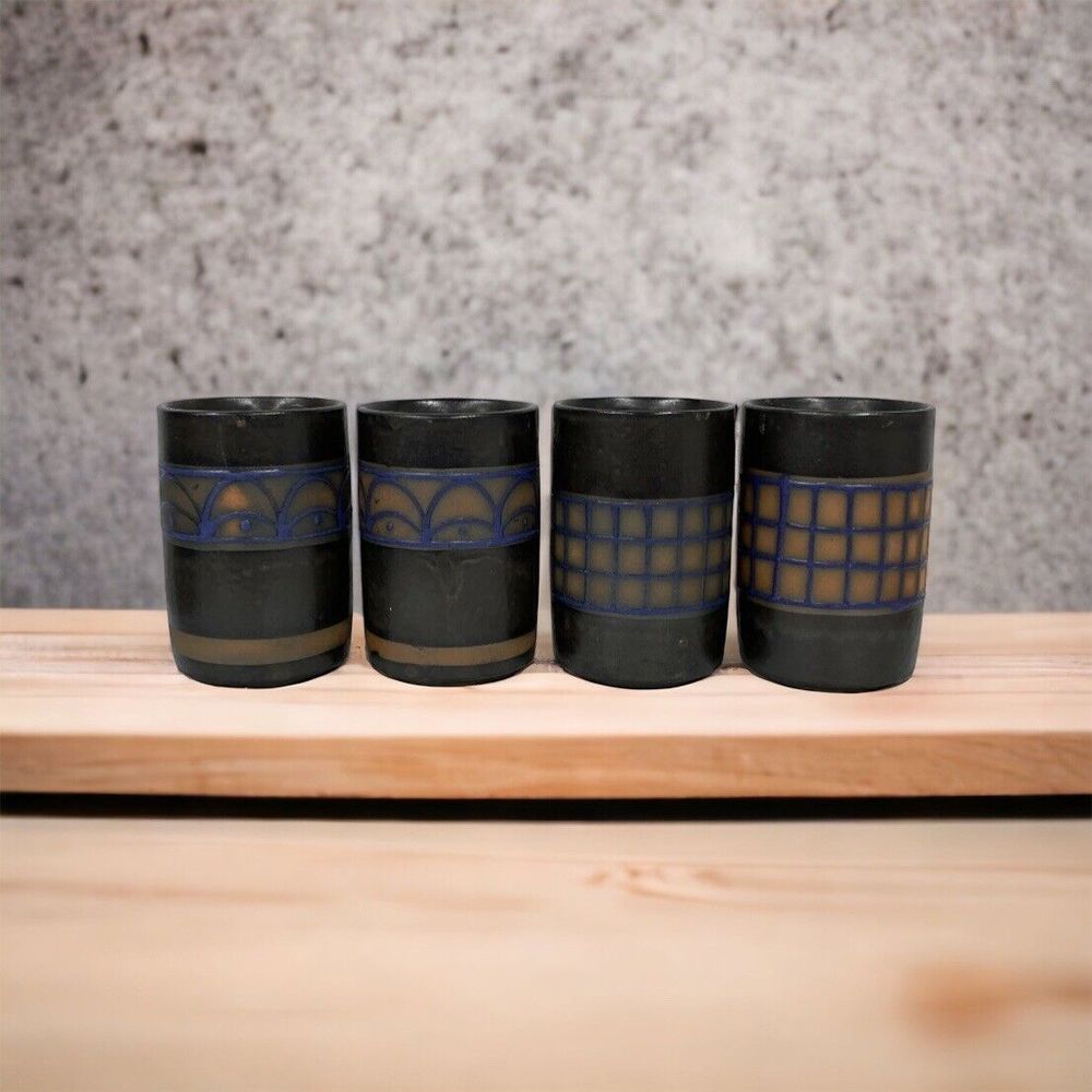 Set of 4 Vtg Stoneware Pottey Cups Vases Vessel 3.5" Brown Blue Orange